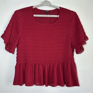 Torrid Peplum Smocked Top 4 4X Chiffon Burgundy Peacoat Short Sleeve Pullover